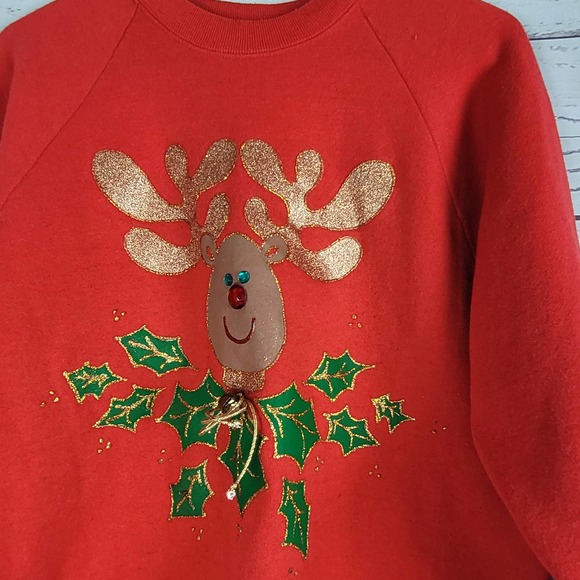 Vintage 90's Granny Ugly Christmas Women's Reindeer Print Red Sweatshirt Large - Picture 2 of 5